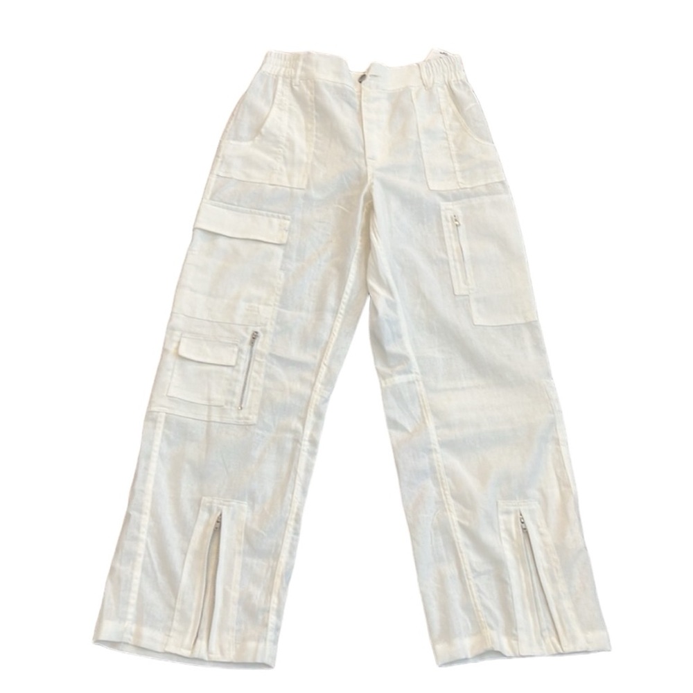 🏷️ NWT FOREVER 21 White Linen Blend Wide Leg Zipper Cargo Pants